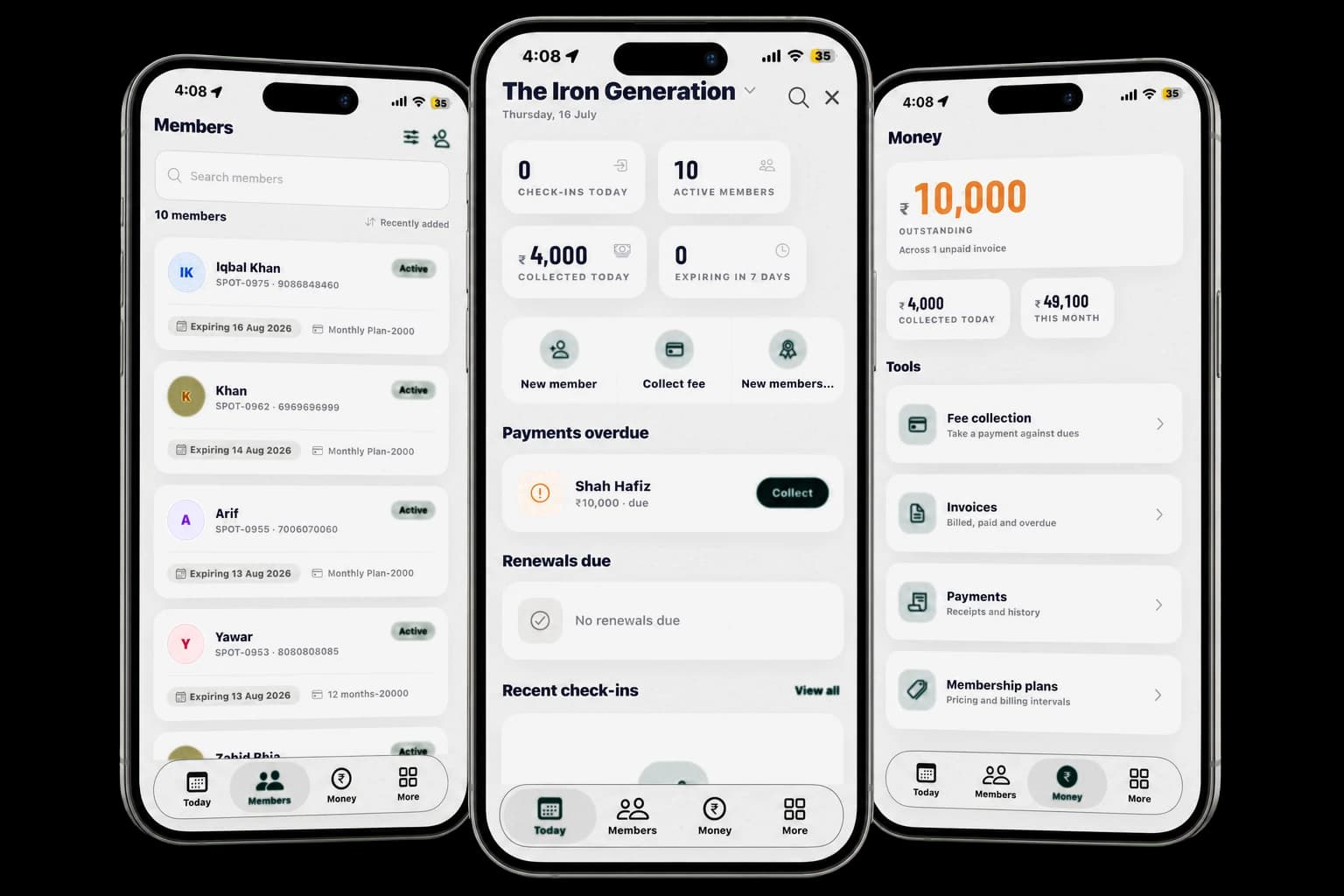 Spotlr gym management app showing the dashboard, members and payments screens